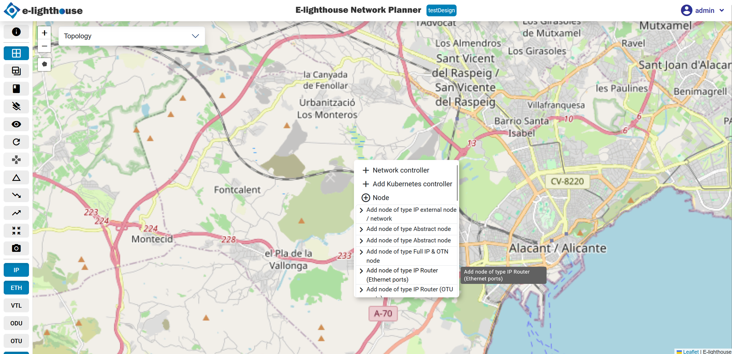 Right click to select the Node option > Add node of type IP Router (Ethernet ports)